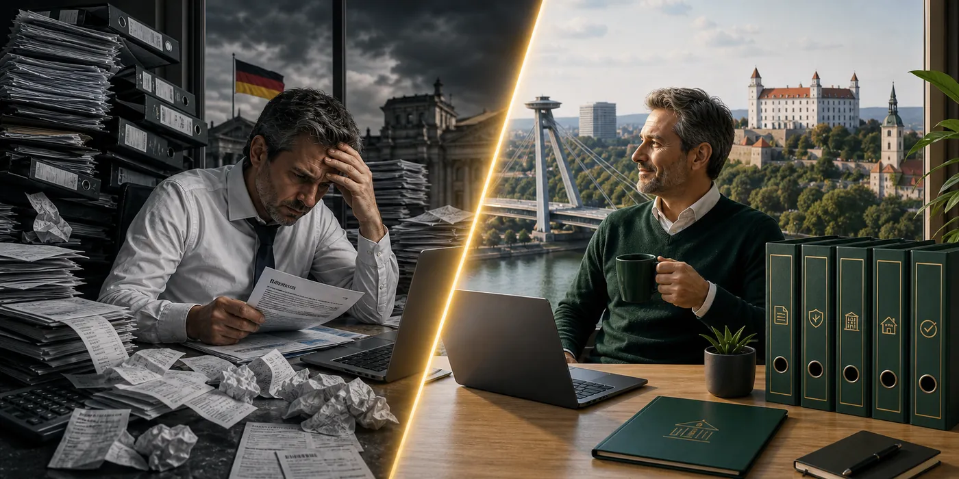 Starker visueller Kontrast zwischen Bürokratie-Chaos und klarer legaler Unternehmensstruktur