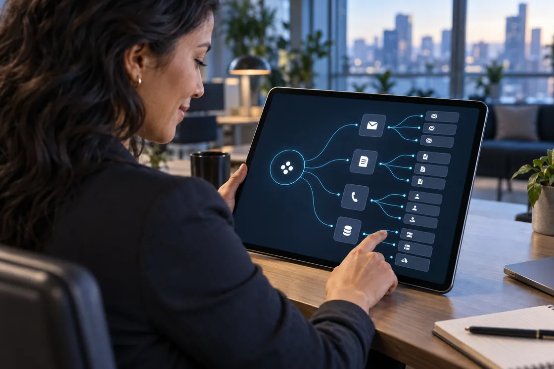 Illustrative Bedienung einer vernetzten Arbeitszentrale auf einem Tablet