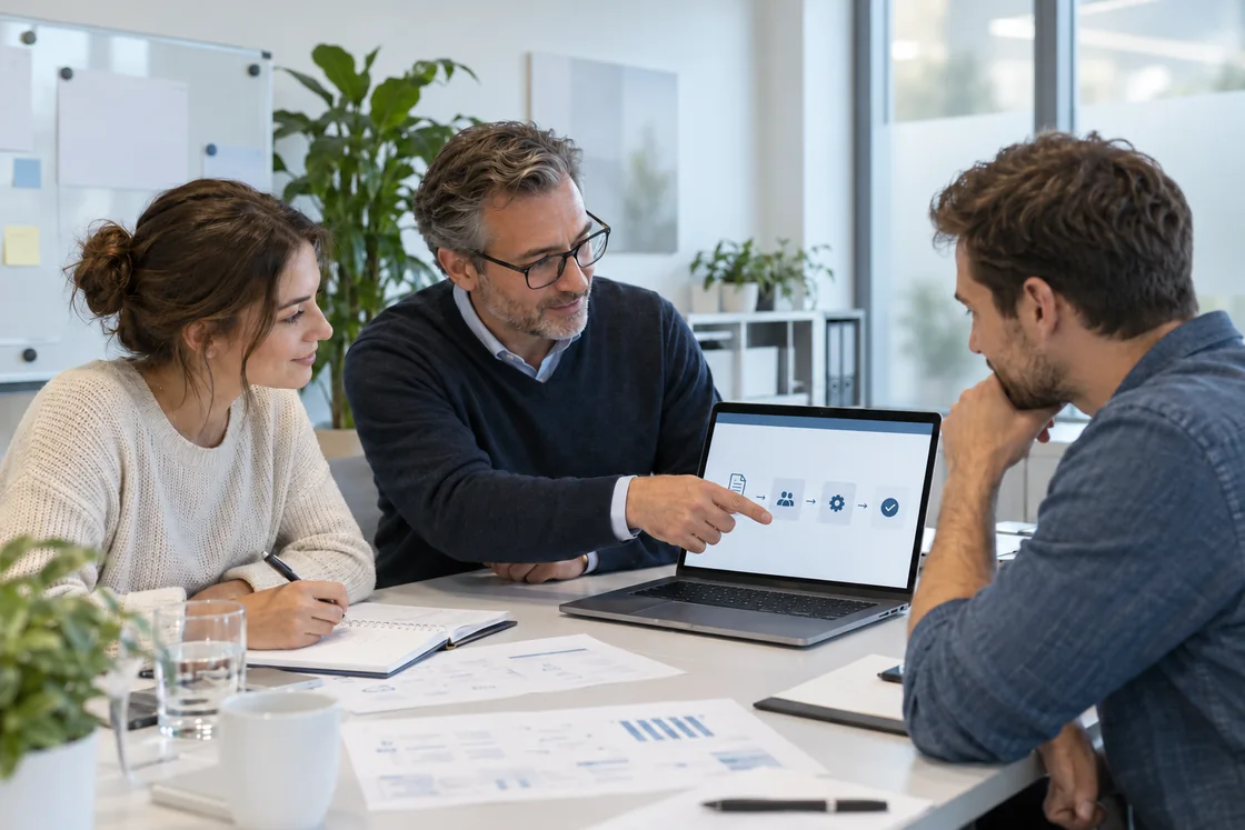 Berater weist zwei Mitarbeitende in einen digitalen Arbeitsablauf ein