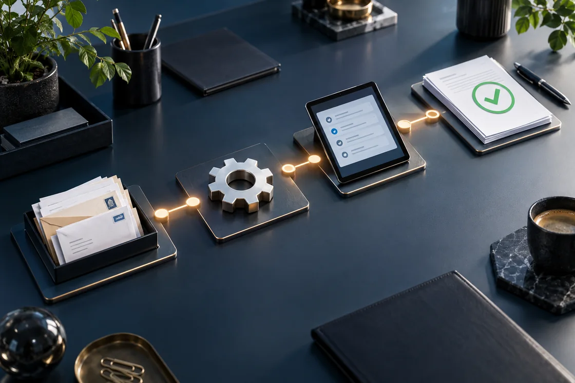 Vier verbundene Stationen eines digitalen Arbeitsablaufs
