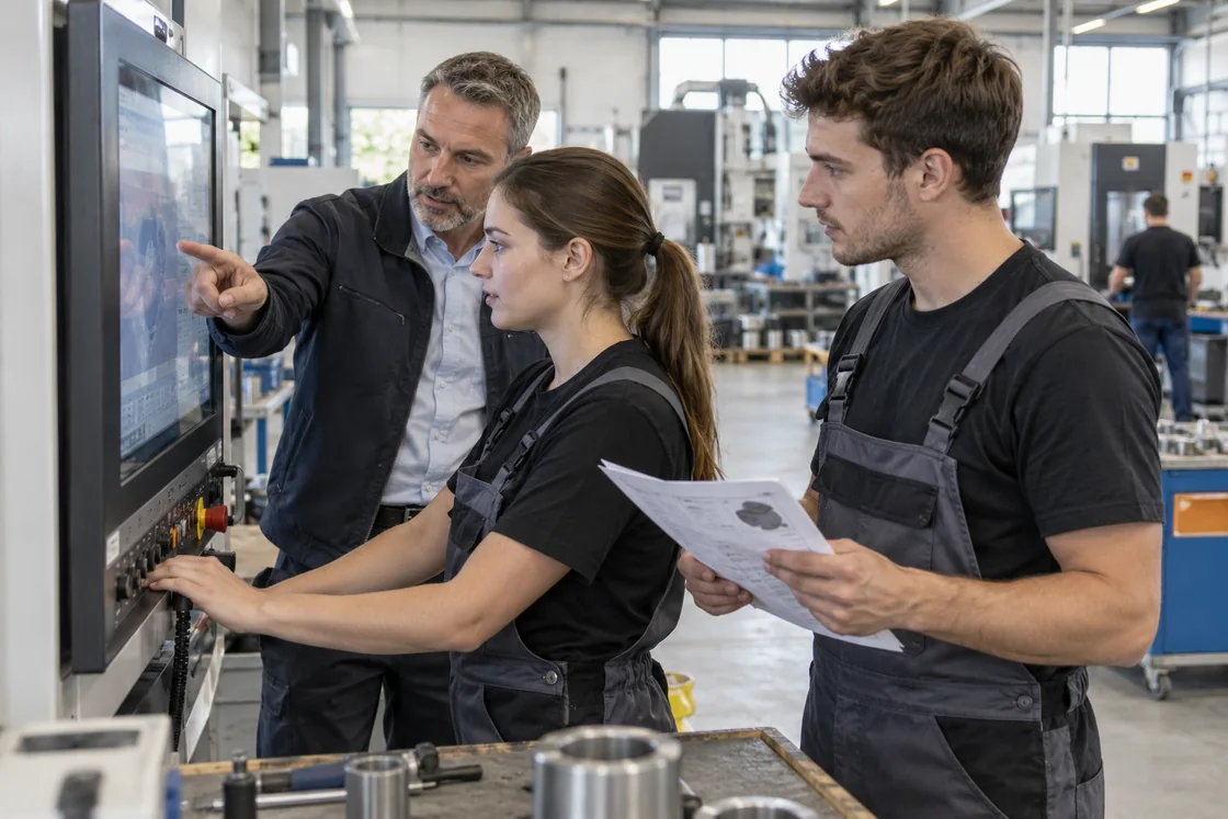 Einweisung von Mitarbeitenden direkt an einer Maschine im Betrieb